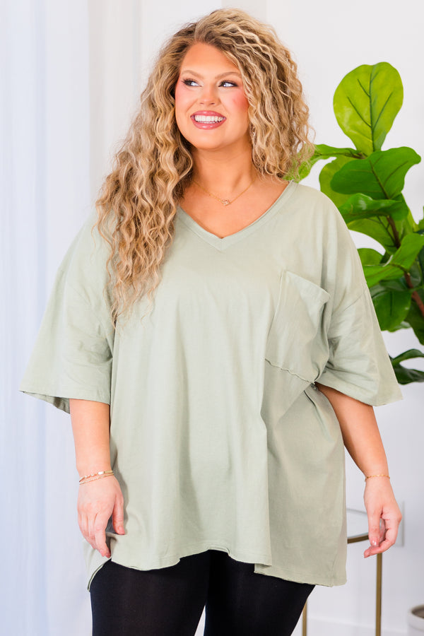 Chic Soul plus size clothing, light sage top with short sleeves, v-neckline, and left chest pocket