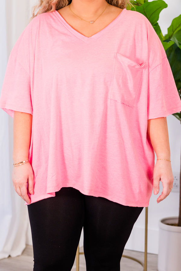 Chic Soul plus size clothing, neon coral fuschia top with short sleeves, v-neckline, and left chest pocket