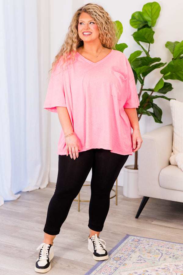 Chic Soul plus size clothing, neon coral fuschia top with short sleeves, v-neckline, and left chest pocket