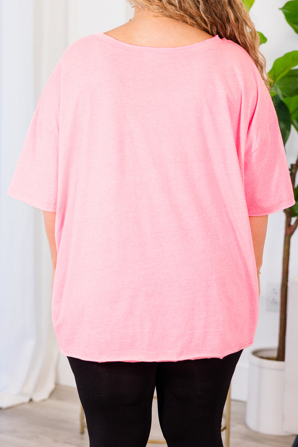 Chic Soul plus size clothing, neon coral fuschia top with short sleeves, v-neckline, and left chest pocket