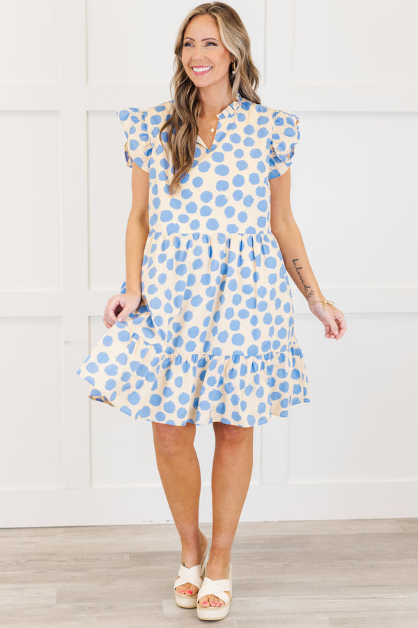 Chic Soul plus size clothing, blue dotted short sleeve tiered mini dress with v neckline with ruffle sleeve detail