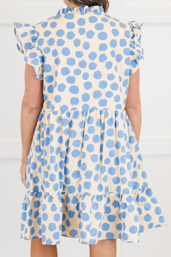 Chic Soul plus size clothing, blue dotted short sleeve tiered mini dress with v neckline with ruffle sleeve detail