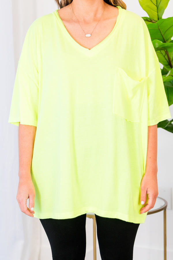 Chic Soul plus size clothing, neon lime top with short sleeves, v-neckline, and left chest pocket