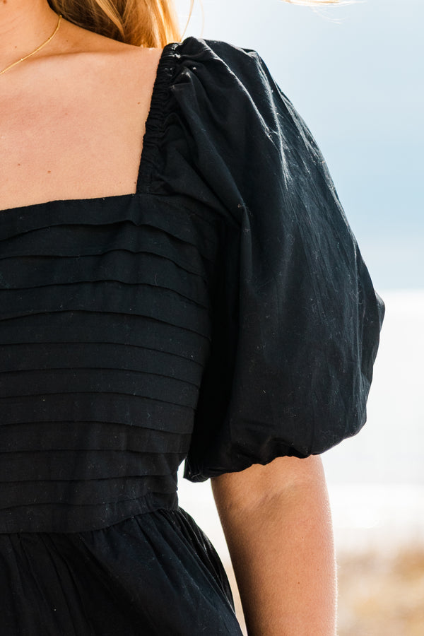 Chic Soul plus size clothing, short-puffed-sleeve black midi dress with a square neckline and a pleated bust and a smocked back 
