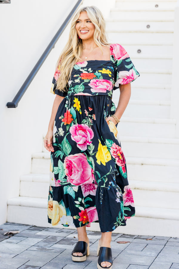 Chic Soul plus size clothing, black large multi floral print short sleeve maxi dress with pleated chest detail with square neckline and puff sleeves with flowy skirt with ruffle along the bottom