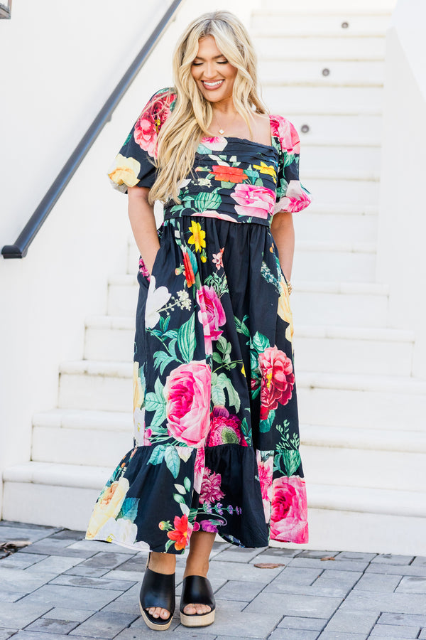 Chic Soul plus size clothing, black large multi floral print short sleeve maxi dress with pleated chest detail with square neckline and puff sleeves with flowy skirt with ruffle along the bottom