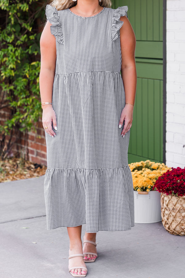 Chic Soul plus size clothing, flutter-short-sleeve black and white plaid midi dress with high-scoop-neckline and ruffled details