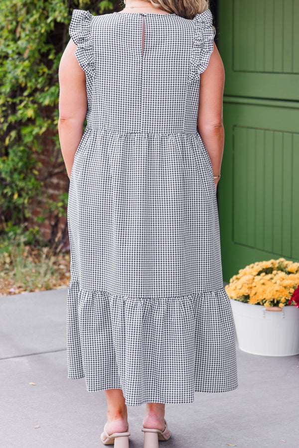 Chic Soul plus size clothing, flutter-short-sleeve black and white plaid midi dress with high-scoop-neckline and ruffled details