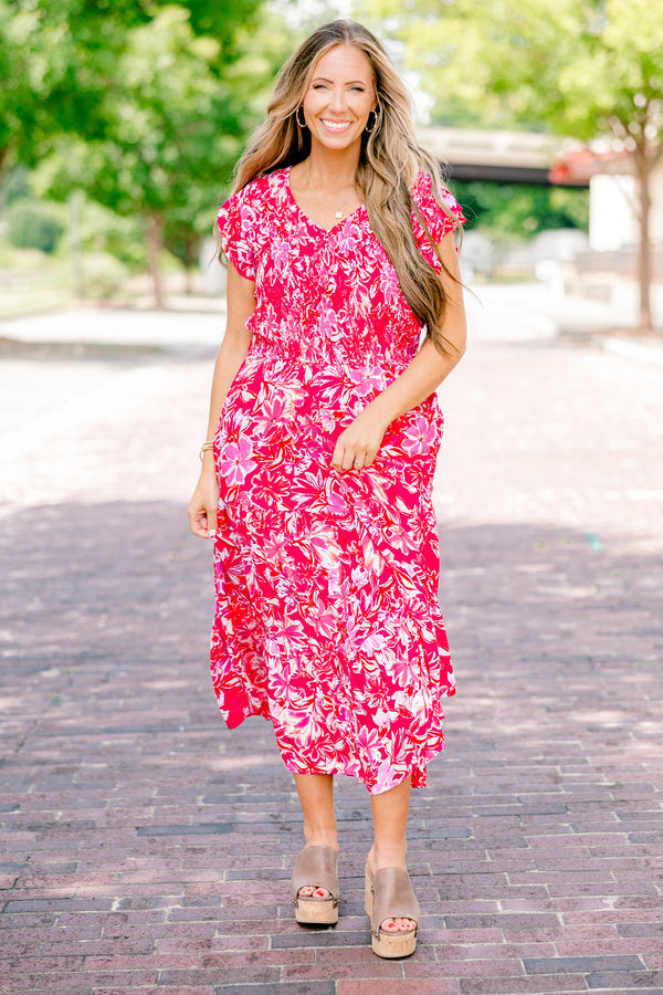 Chic Soul plus size clothing, hot pink and fuchsia floral print short-flutter sleeve shallow v-neck midi dress