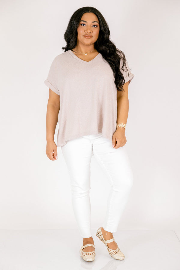 Plus Size ash mocha v-neck tee with cuffed short sleeves and a relaxed fit.