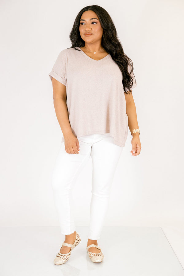 Plus Size ash mocha v-neck tee with cuffed short sleeves and a relaxed fit.