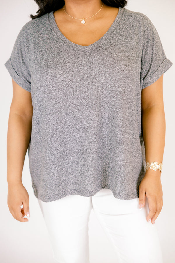 Plus Size heathered grey v-neck tee with short cuffed sleeves and a relaxed fit.