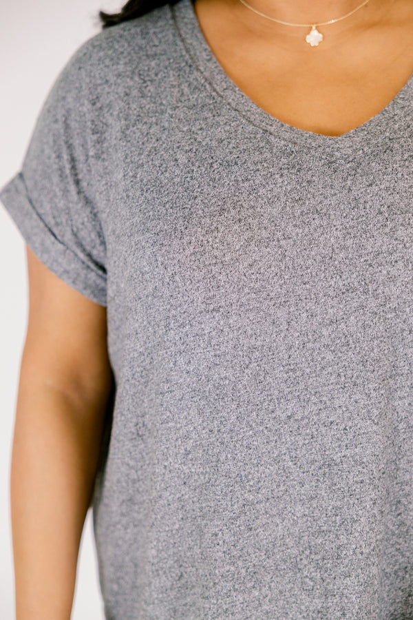 Plus Size heathered grey v-neck tee with short cuffed sleeves and a relaxed fit.
