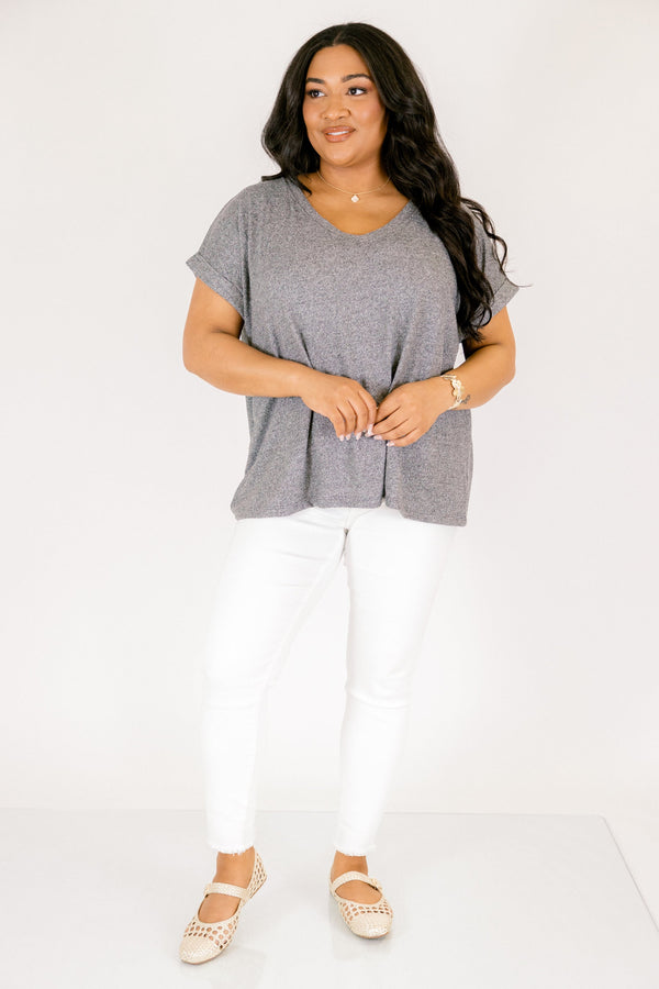 Plus Size heathered grey v-neck tee with short cuffed sleeves and a relaxed fit.