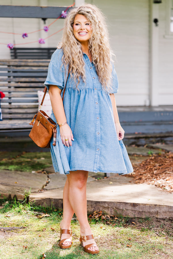 Chic Soul plus size clothing, medium wash short sleeve babydoll mini dress with button up detail and collar