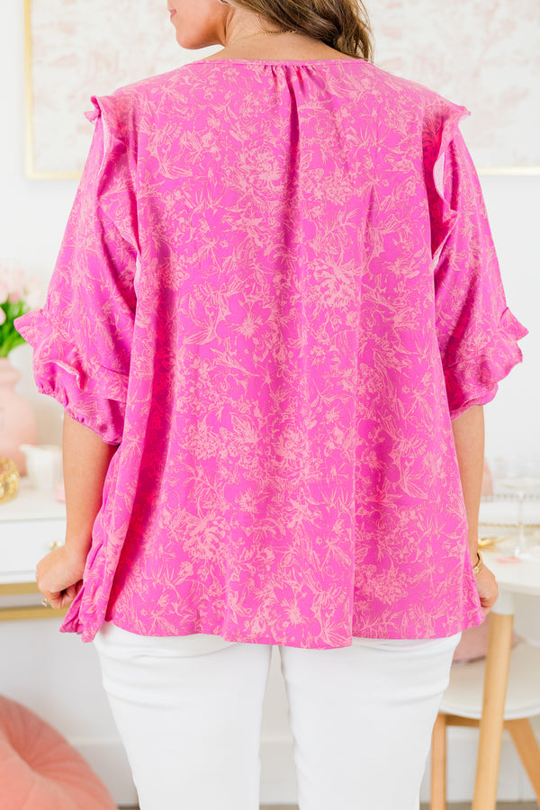 Chic Soul plus size clothing, short-flutter-sleeve magenta pink top with v-neckline and tassels with light orange floral design