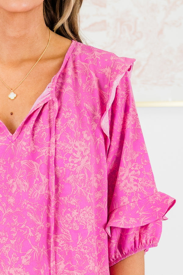 Chic Soul plus size clothing, short-flutter-sleeve magenta pink top with v-neckline and tassels with light orange floral design
