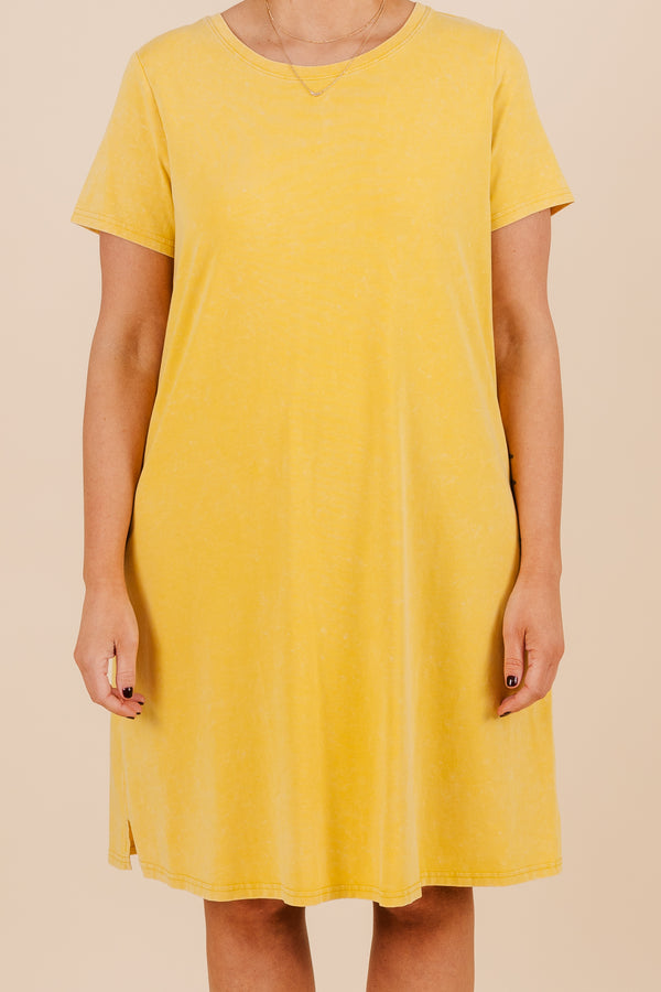 Chic Soul plus size clothing, mustard short sleeve mini dress, tshirt fit with round neckline