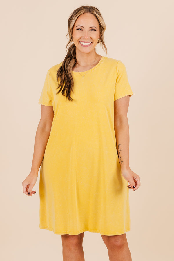 Chic Soul plus size clothing, mustard short sleeve mini dress, tshirt fit with round neckline