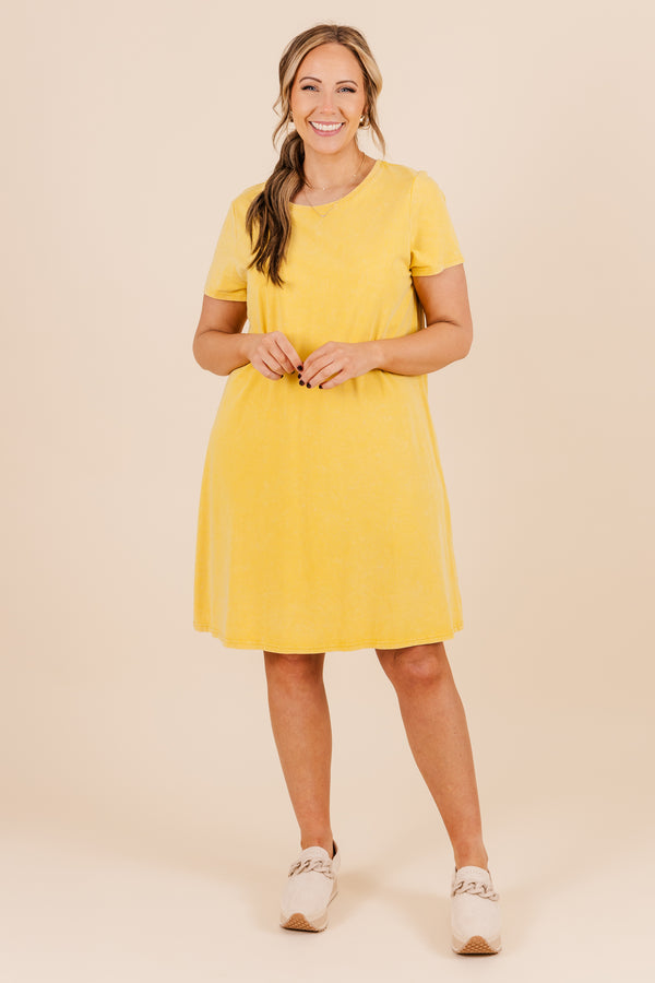 Chic Soul plus size clothing, mustard short sleeve mini dress, tshirt fit with round neckline