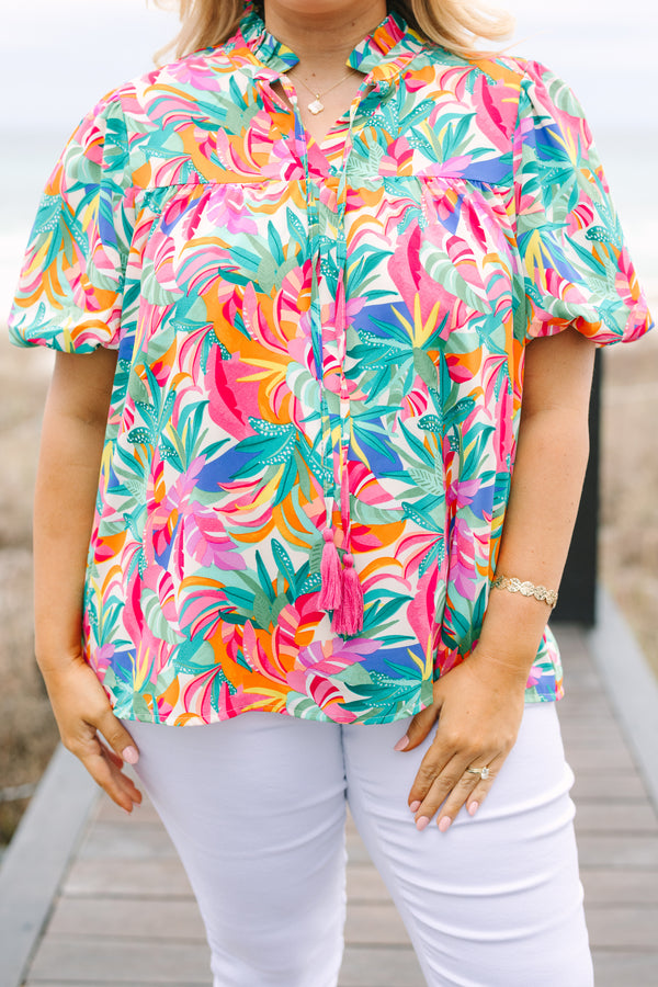 Chic Soul plus size clothing, short-puffed-sleeve green multi-colored top with a split-v-neckline with a green and pink tassel with a multi-colored watercolor floral pattern