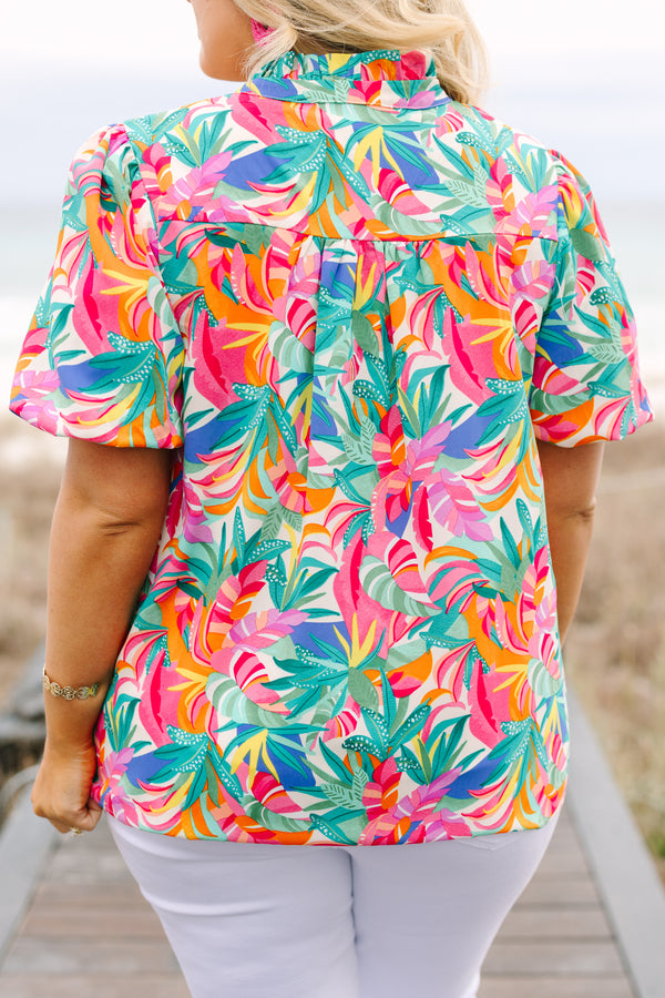 Chic Soul plus size clothing, short-puffed-sleeve green multi-colored top with a split-v-neckline with a green and pink tassel with a multi-colored watercolor floral pattern