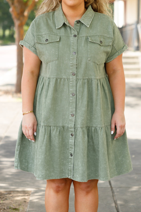 Chic Soul plus size clothing, olive green denim button down collared tiered dress with front pockets