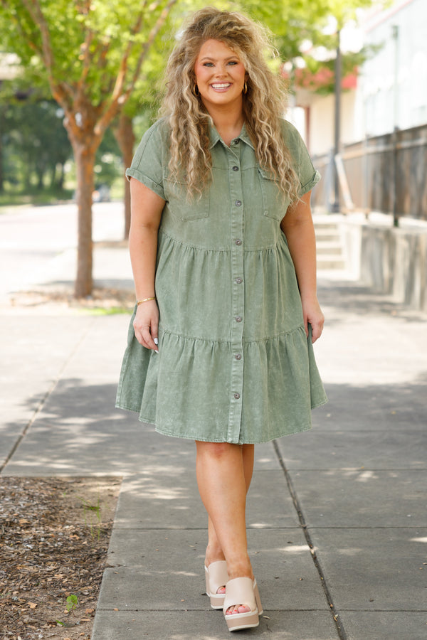 Chic Soul plus size clothing, olive green denim button down collared tiered dress with front pockets