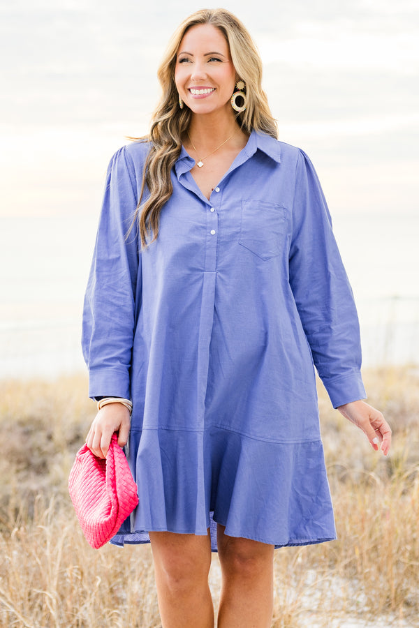 Chic Soul plus size clothing, blue long sleeve button up mini dress with collar detail with cuff sleeves and large ruffle along the bottom and chest pocket