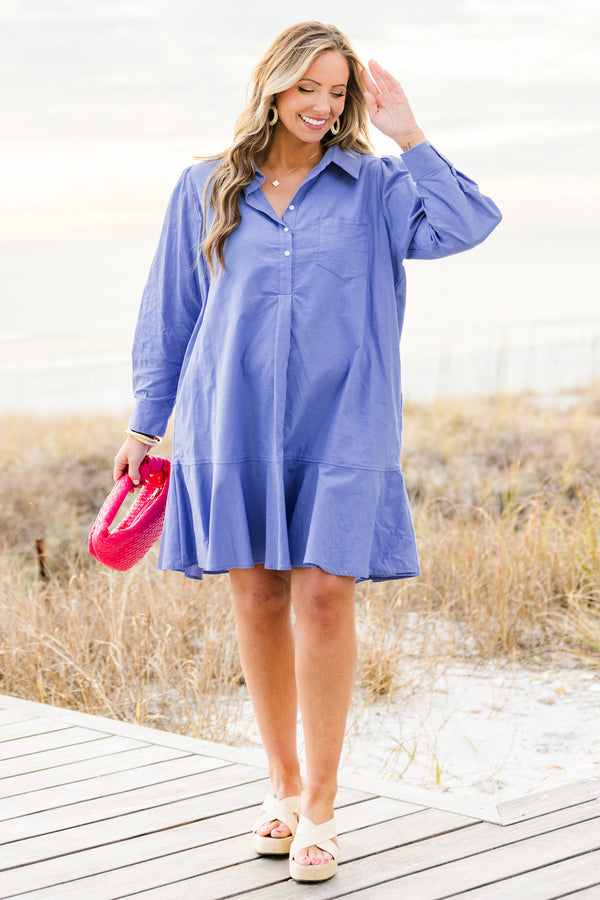 Chic Soul plus size clothing, blue long sleeve button up mini dress with collar detail with cuff sleeves and large ruffle along the bottom and chest pocket