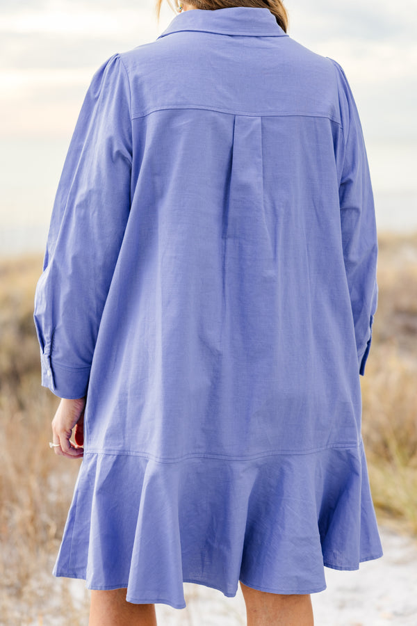 Chic Soul plus size clothing, blue long sleeve button up mini dress with collar detail with cuff sleeves and large ruffle along the bottom and chest pocket