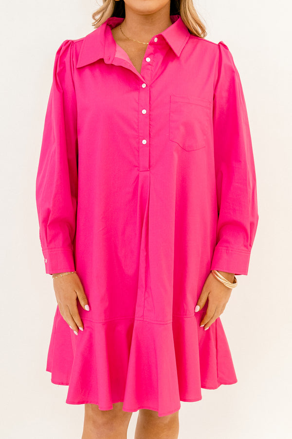 Chic Soul plus size clothing, fuchsia pink long sleeve short dress with collar and buttons a quarter of the way down the front