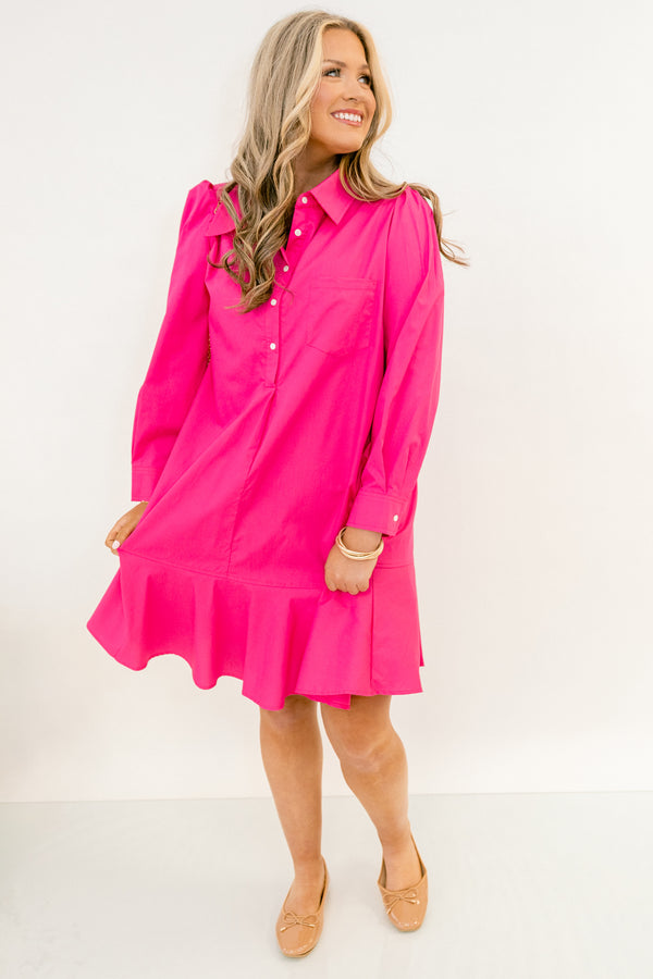 Chic Soul plus size clothing, fuchsia pink long sleeve short dress with collar and buttons a quarter of the way down the front