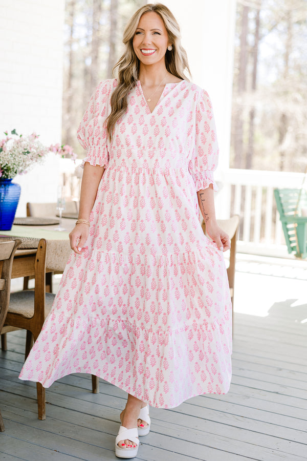 Chic Soul plus size clothing, short-puffed-sleeve ruffled white maxi dress with a split-v-neckline and a smocked waistline with a pink paisley pattern 