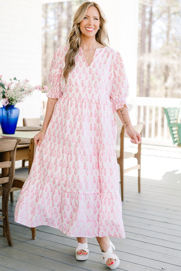 Chic Soul plus size clothing, short-puffed-sleeve ruffled white maxi dress with a split-v-neckline and a smocked waistline with a pink paisley pattern 