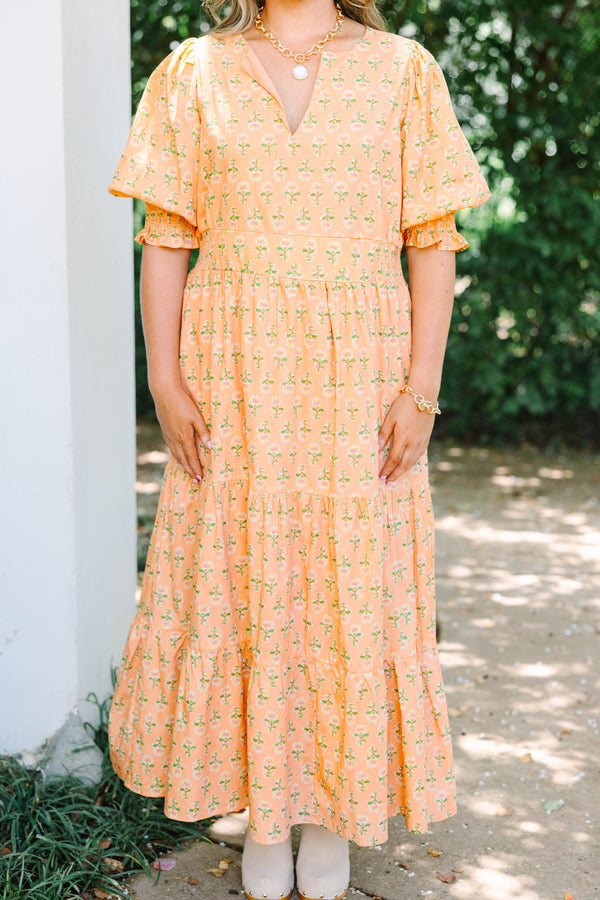 Plus Size rust floral tiered maxi dress with a v-neck, smocked puff sleeves, and a flowy fit.