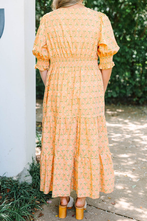 Plus Size rust floral tiered maxi dress with a v-neck, smocked puff sleeves, and a flowy fit.