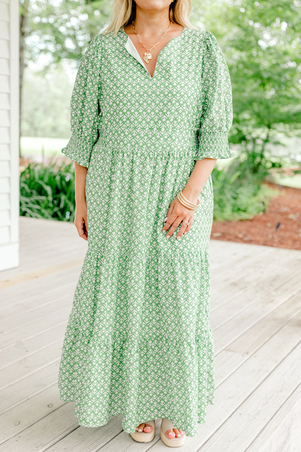 Chic Soul Plus size clothing, sage maxi dress with half bubble sleeves and a floral geometric pattern and slight v-neckline 
