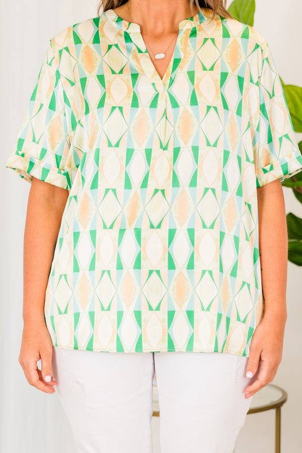 Chic Soul plus size clothing, short sleeve v-neckline green and yellow geometric pattern top 