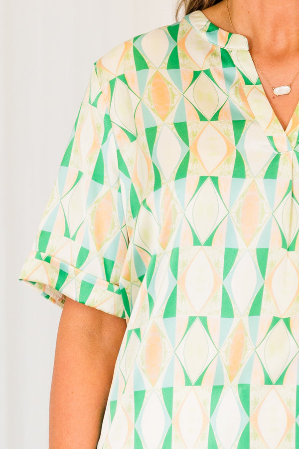 Chic Soul plus size clothing, short sleeve v-neckline green and yellow geometric pattern top 