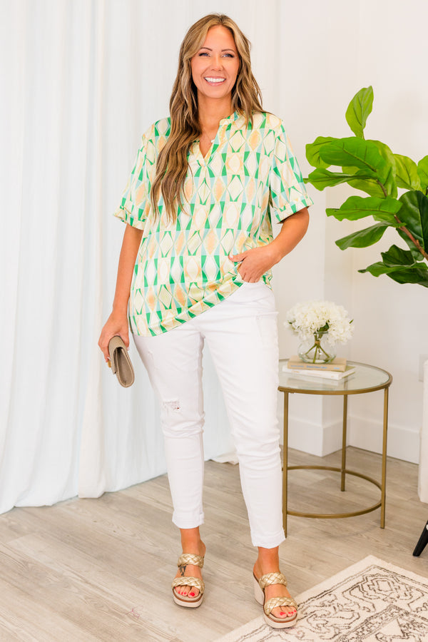 Chic Soul plus size clothing, short sleeve v-neckline green and yellow geometric pattern top 