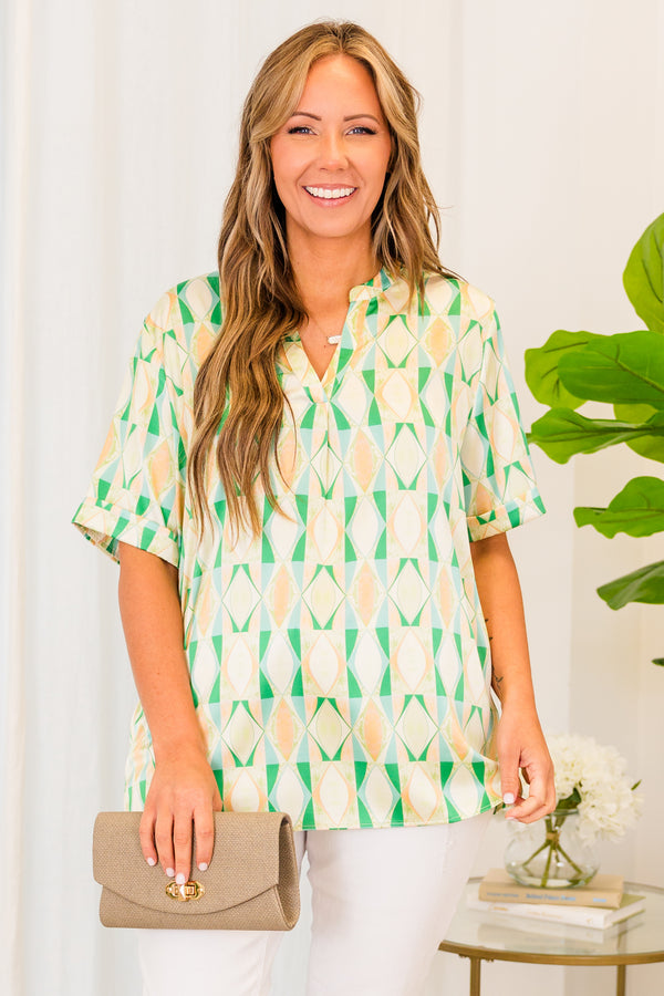 Chic Soul plus size clothing, short sleeve v-neckline green and yellow geometric pattern top 
