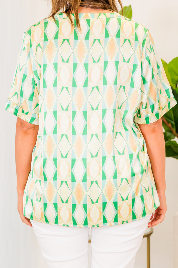 Chic Soul plus size clothing, short sleeve v-neckline green and yellow geometric pattern top 