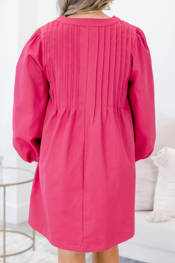 Plus Size fuchsia cotton v-neck dress with pleated front, tie detail, and elastic balloon sleeves.