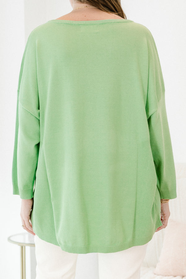Chic Soul plus size clothing, green plain long sleeve knit top with round neckline 