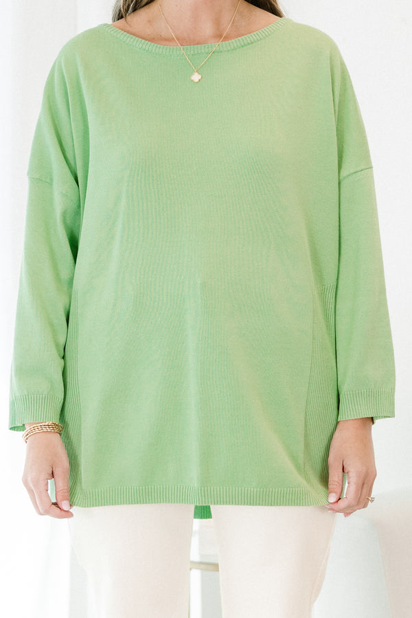 Chic Soul plus size clothing, green plain long sleeve knit top with round neckline 