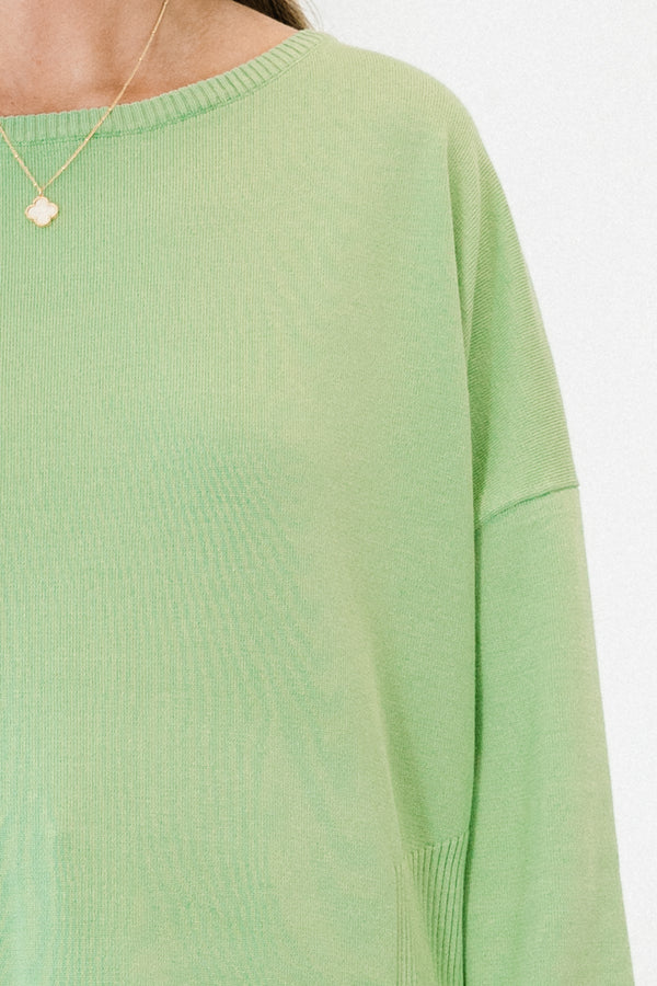 Chic Soul plus size clothing, green plain long sleeve knit top with round neckline 