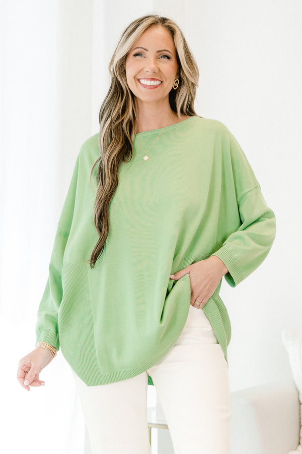 Chic Soul plus size clothing, green plain long sleeve knit top with round neckline 