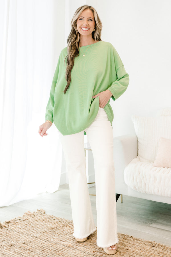 Chic Soul plus size clothing, green plain long sleeve knit top with round neckline 