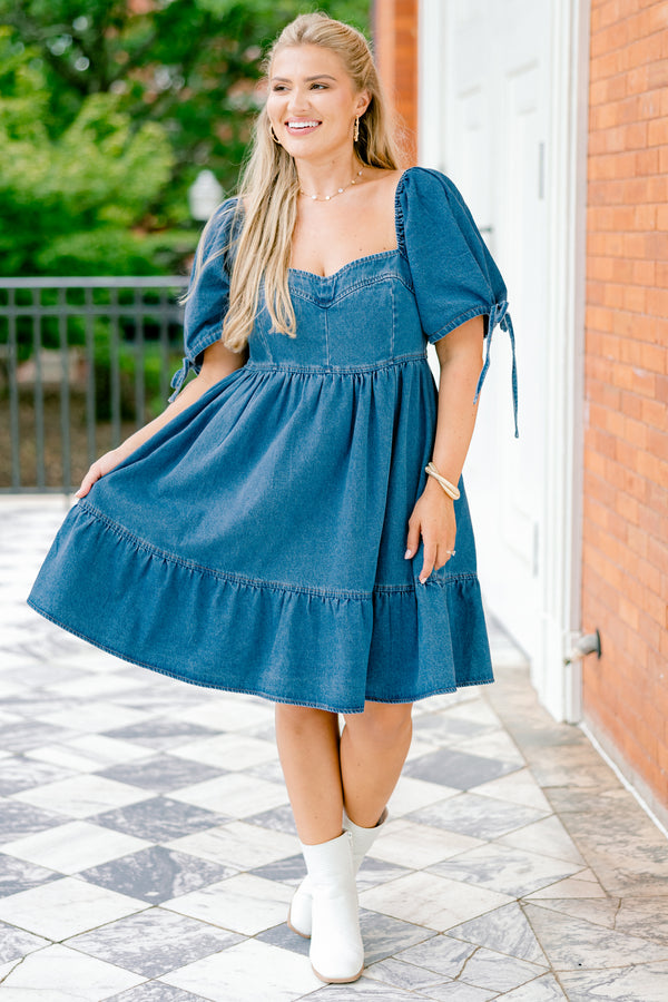 Chic Soul plus size clothing, medium wash denim short-bubble sleeve sweetheart neckline babydoll dress with tied bow details on sleeves